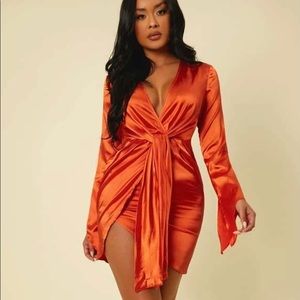 Satin tie front , flare sleeve dress